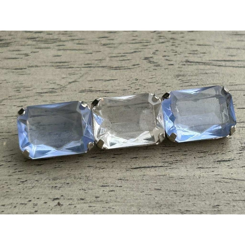 Vintage Silver Tone Bar Brooch Emerald Cut Blue Clear Glass Stones 2 Inch